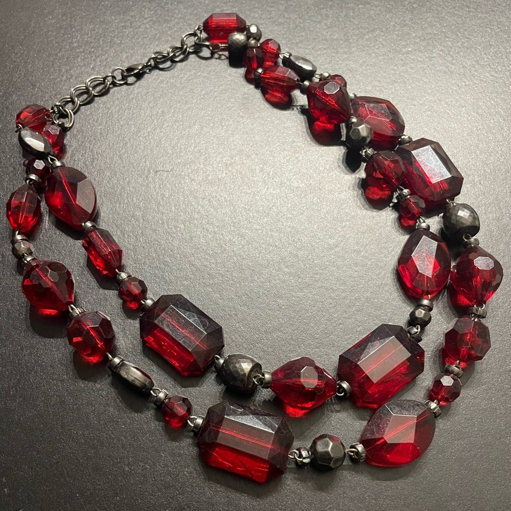 18” Double Strand Red Beaded Chunky Gaudy Statement Necklace Excellent Condition